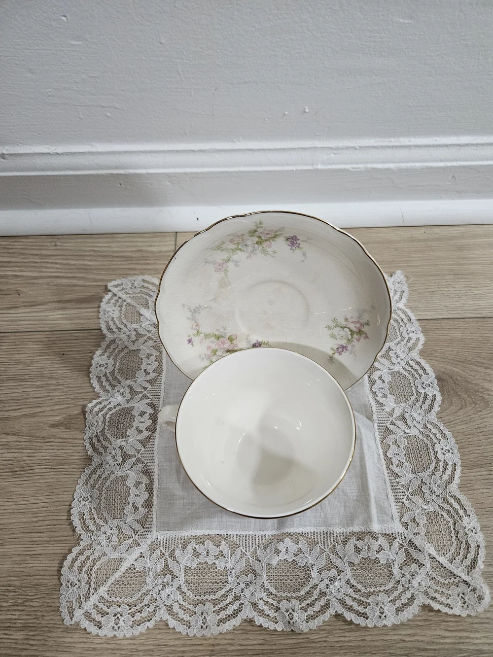 French Saxon China 22 kt Gold Floral Teacup & Saucer